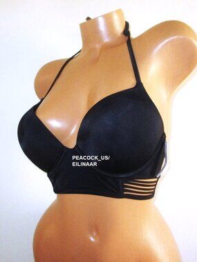 36B Victoria Secret Swim Bombshell Bikini Top Long Line Strappy +2 Cup Black